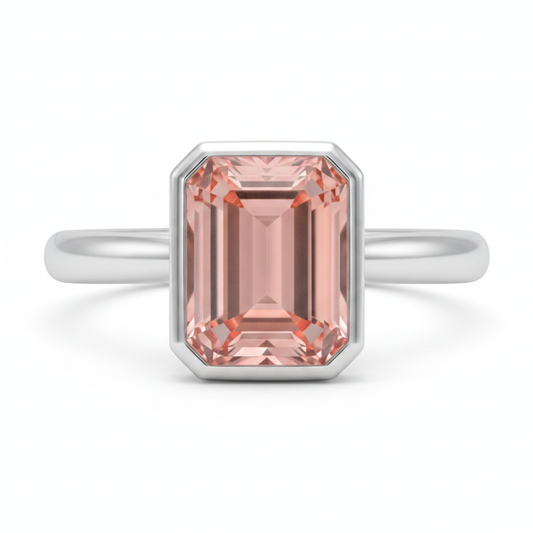 Pfirsichfarbener Saphir, 2,5 Karat, echter Padparadscha im Smaragdschliff, Solitärring mit Lünette, 14 Karat Weißgold