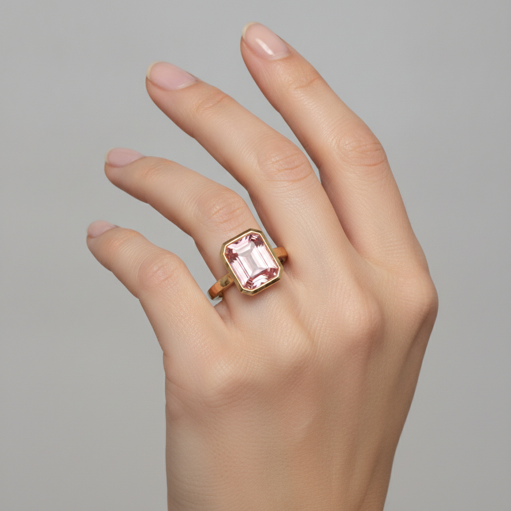 Solitärring mit Lünette aus 14 Karat Gelbgold mit natürlichem pfirsichfarbenem Padparadscha-Saphir im Smaragdschliff, 3 Karat