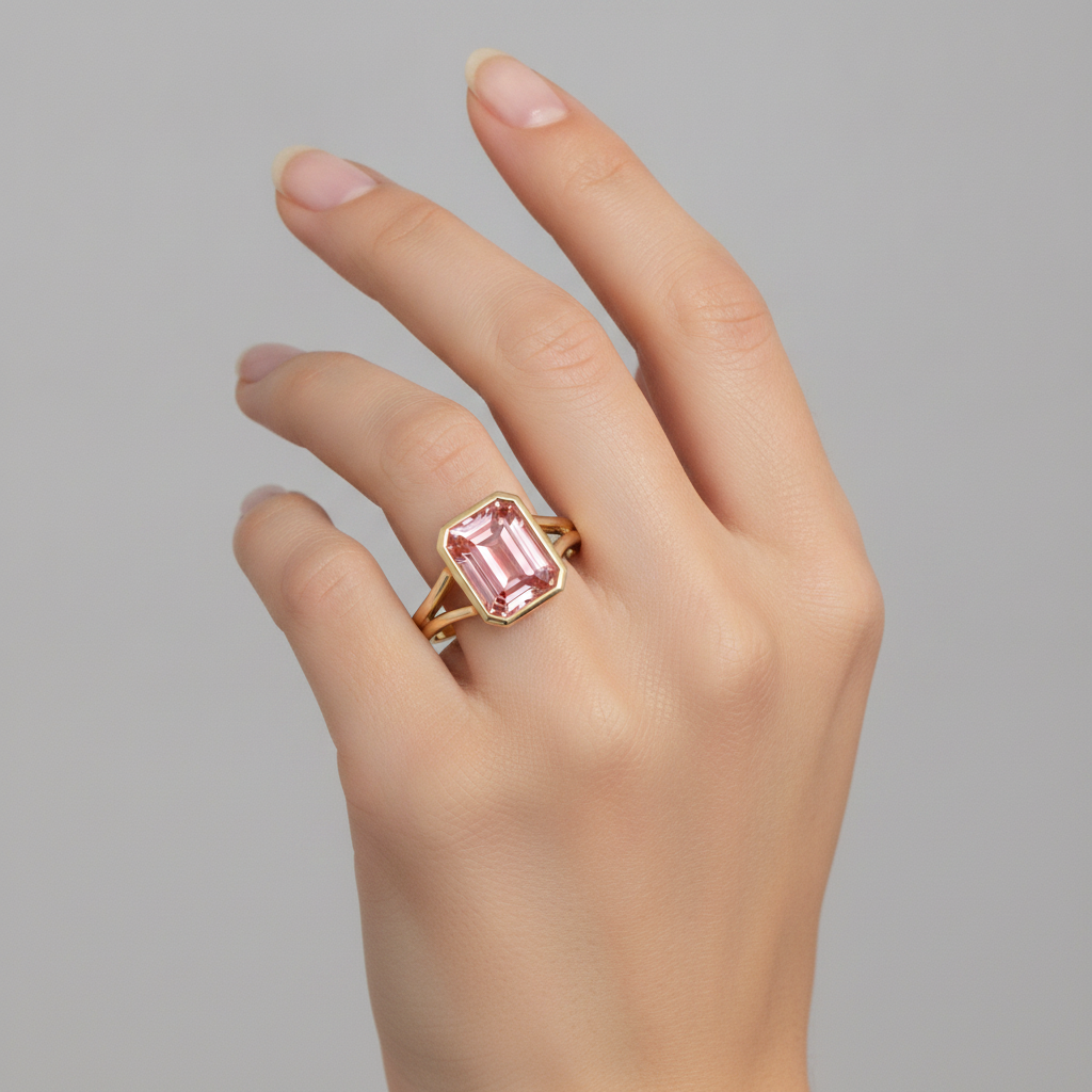 Ring aus 14 Karat Gelbgold mit natürlichem Padparadscha-Pfirsich-Saphir im Smaragdschliff, 3 Karat, Lünette und geteilter Ringschiene