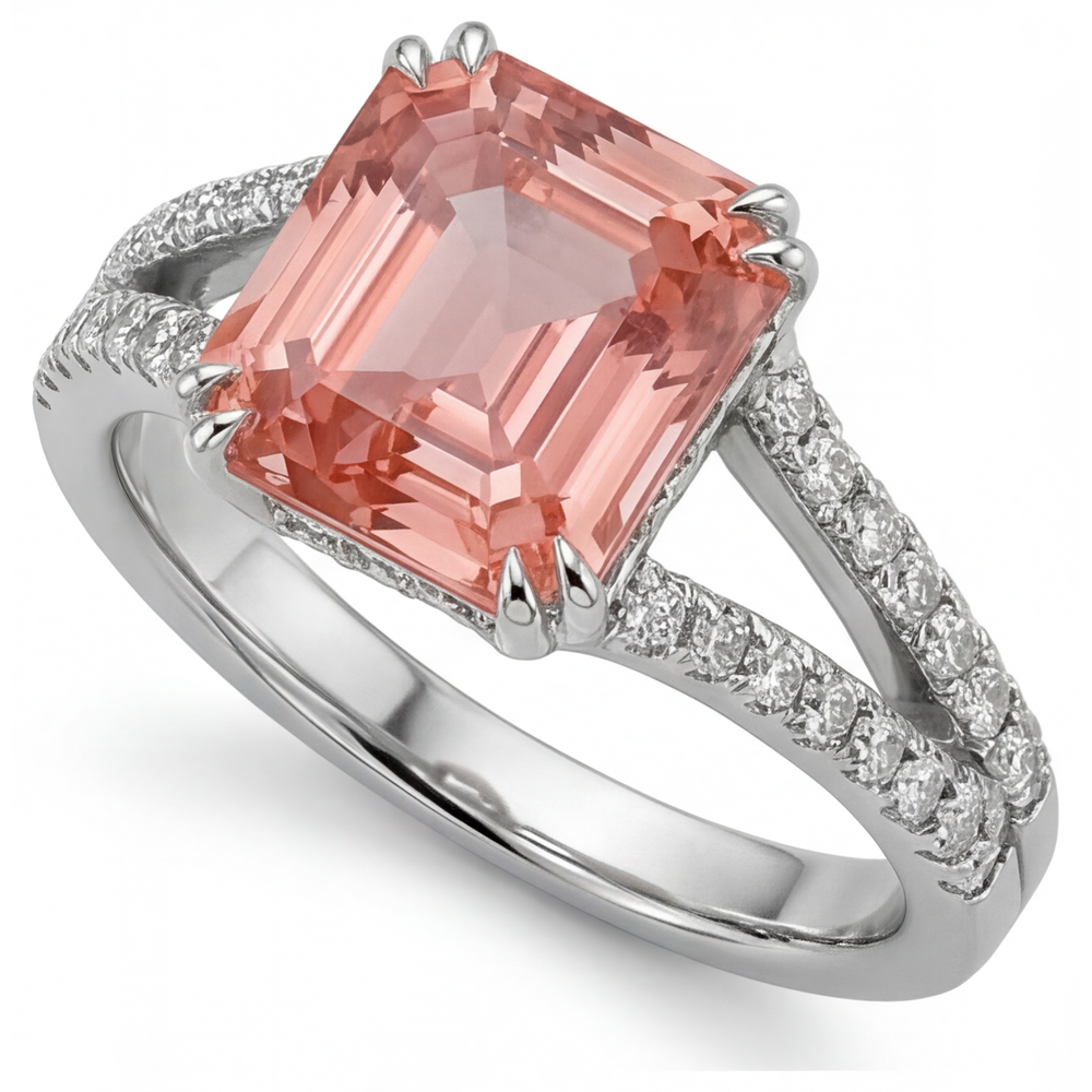 Antiker Padparadscha-Saphir-Ring 3,3 Karat Echter Smaragd Geteilte Ringschiene 14 Karat Weißgold
