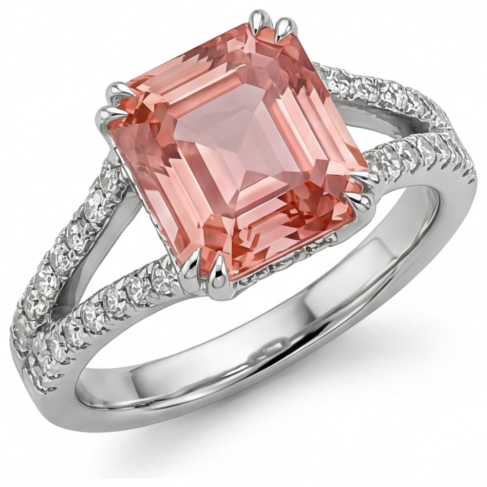Antiker Padparadscha-Saphir-Ring 3,3 Karat Echter Smaragd Geteilte Ringschiene 14 Karat Weißgold