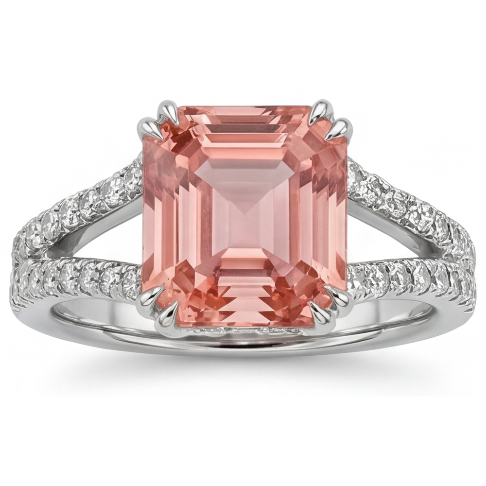 Antiker Padparadscha-Saphir-Ring 3,3 Karat Echter Smaragd Geteilte Ringschiene 14 Karat Weißgold