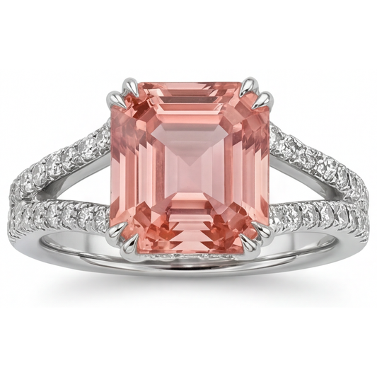 Antiker Padparadscha-Saphir-Ring 3,3 Karat Echter Smaragd Geteilte Ringschiene 14 Karat Weißgold