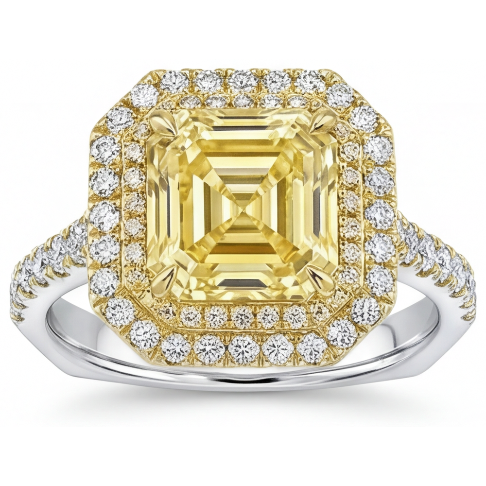 Fancy Gelber Diamant Asscher-Schliff Halo-Fassung Ring in Bicolor 14K Gold – Hauptansicht