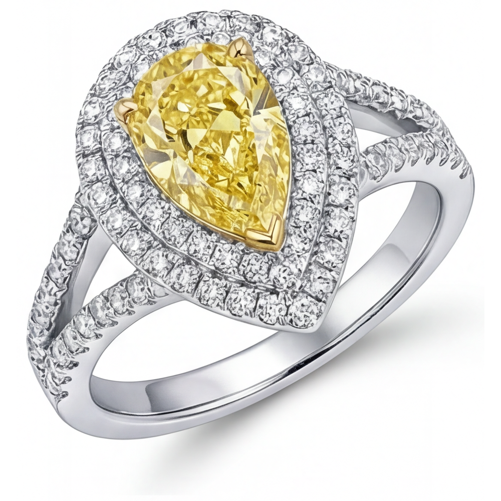Echter Fancy Gelber Diamant Halo-Ring 1,50 Karat 14 Karat Zweifarbig Gold – Frontansicht