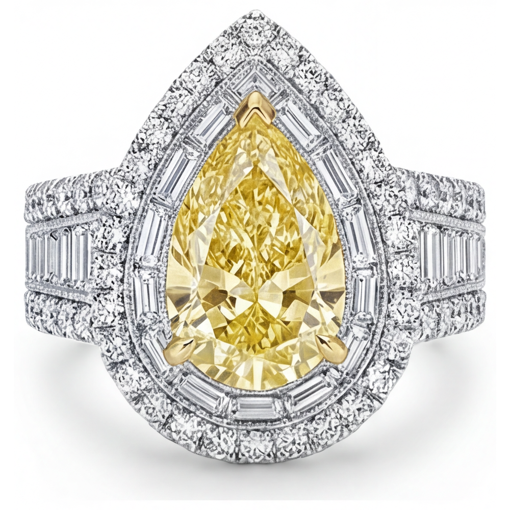 Halo-Ring 14 Karat Zweifarbig Gold mit Fancy Gelber Diamant – Frontansicht