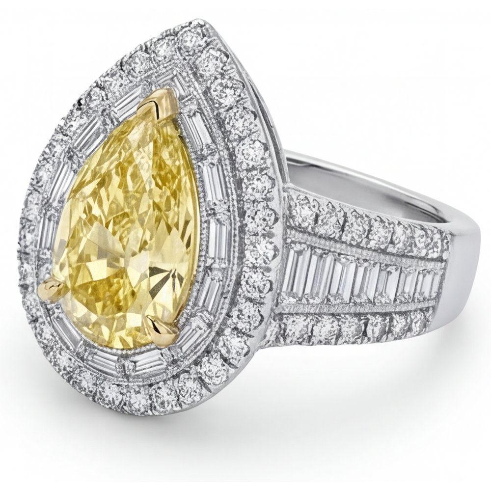 Halo-Ring 14 Karat Zweifarbig Gold mit Fancy Gelber Diamant – Seitenansicht