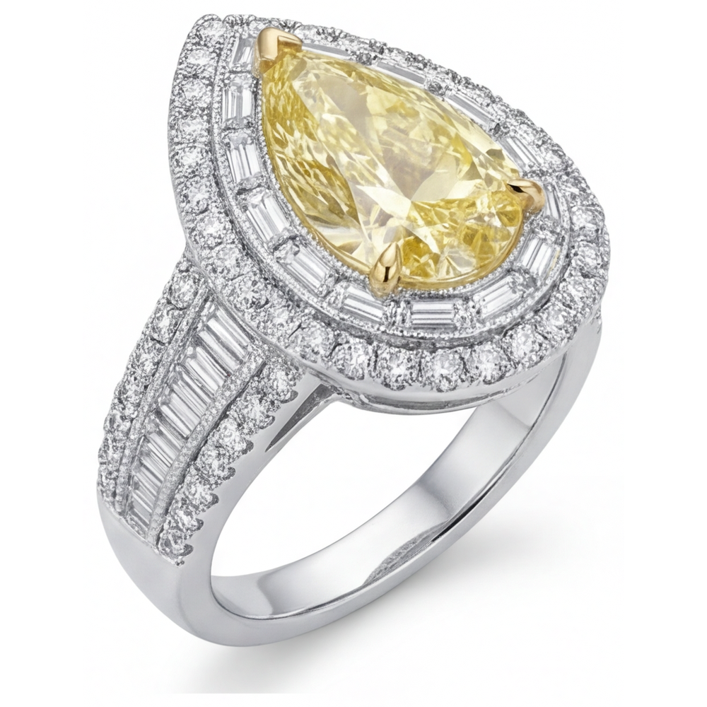 Birnen-Schliff Fancy Gelber Diamant Ring in 14 Karat Zweifarbig Gold – Profilansicht
