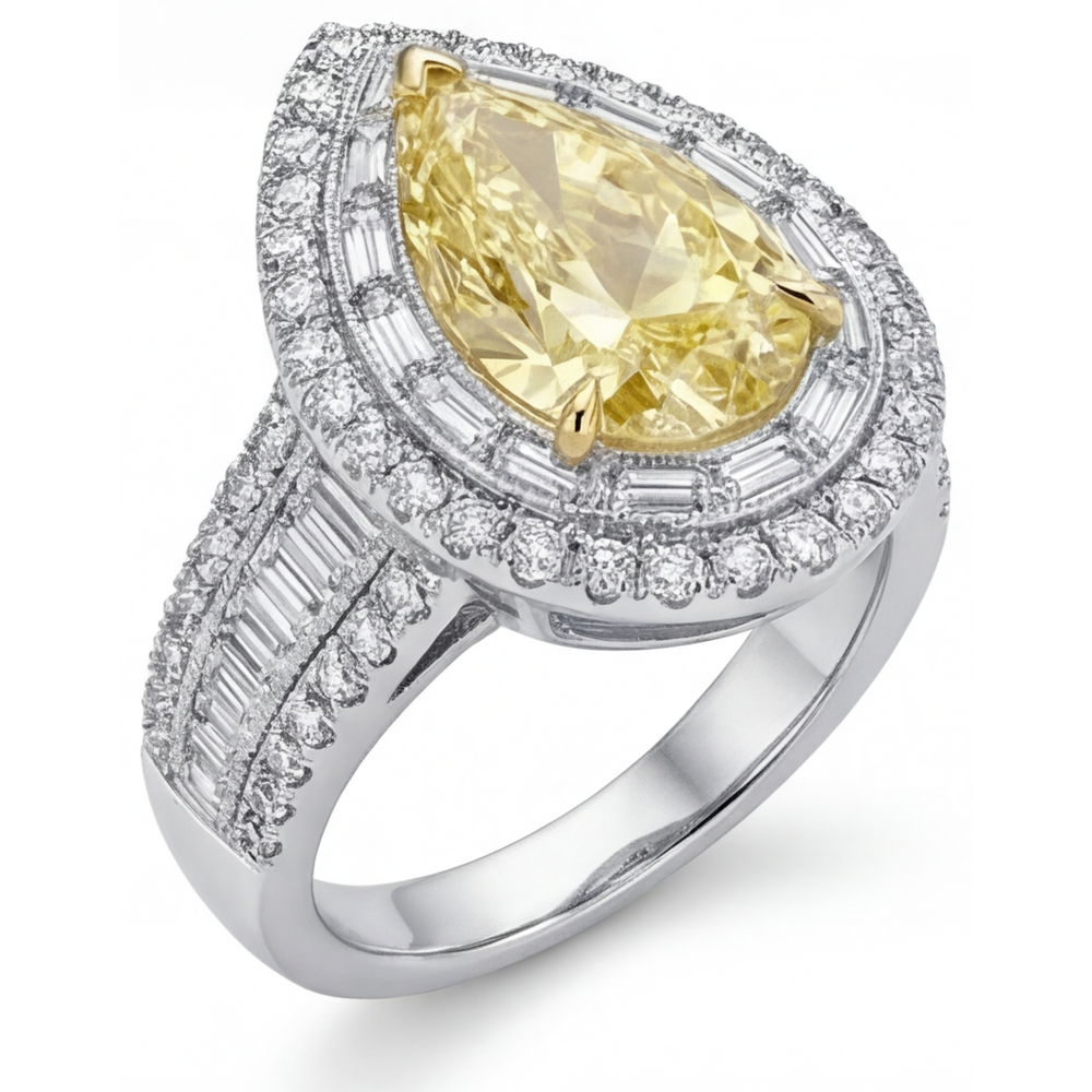 Fancy Gelber Diamant Birnen-Schliff Halo-Ring in 14 Karat Zweifarbig Gold – Draufsicht