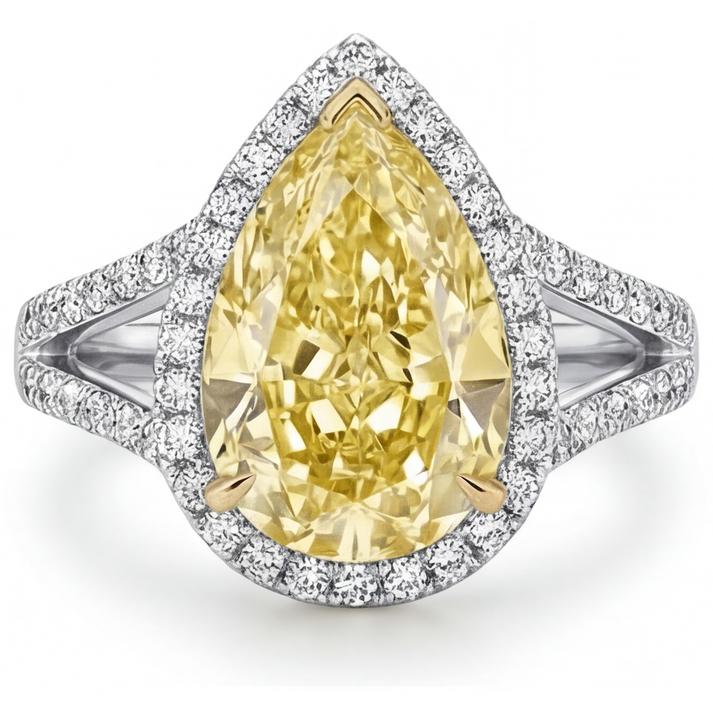 Authentischer Fancy Gelber Diamant Halo-Verlobungsring 3 Karat 14 Karat Zweifarbig Gold – Frontansicht