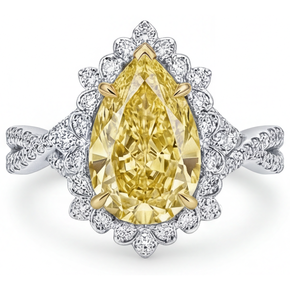 Fancy Gelber Diamant Halo-Verlobungsring 3-Karat Bicolor 14K Gold – Frontansicht