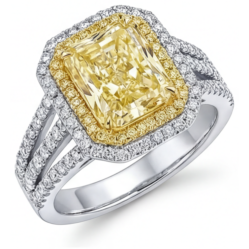 Fancy Gelber Diamant Radiant-Schliff Halo-Verlobungsring in 14 Karat Zweifarbig Gold – Hauptansicht