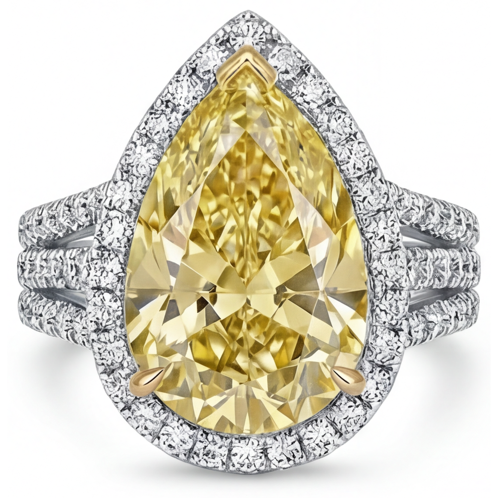 Tropfen-Schliff Fancy Gelber Diamant Ring in 14 Karat Zweifarbig Gold – Frontansicht
