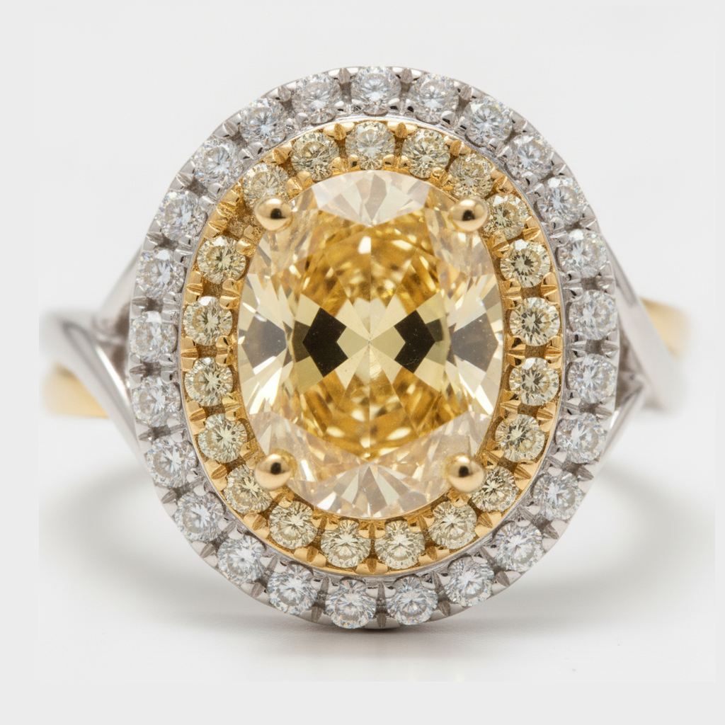 Verlobungsring mit gelbem Edelstein 1,01 Karat echter ovaler Fancy-Intense-Diamant Doppel-Halo 18 Karat Gold
