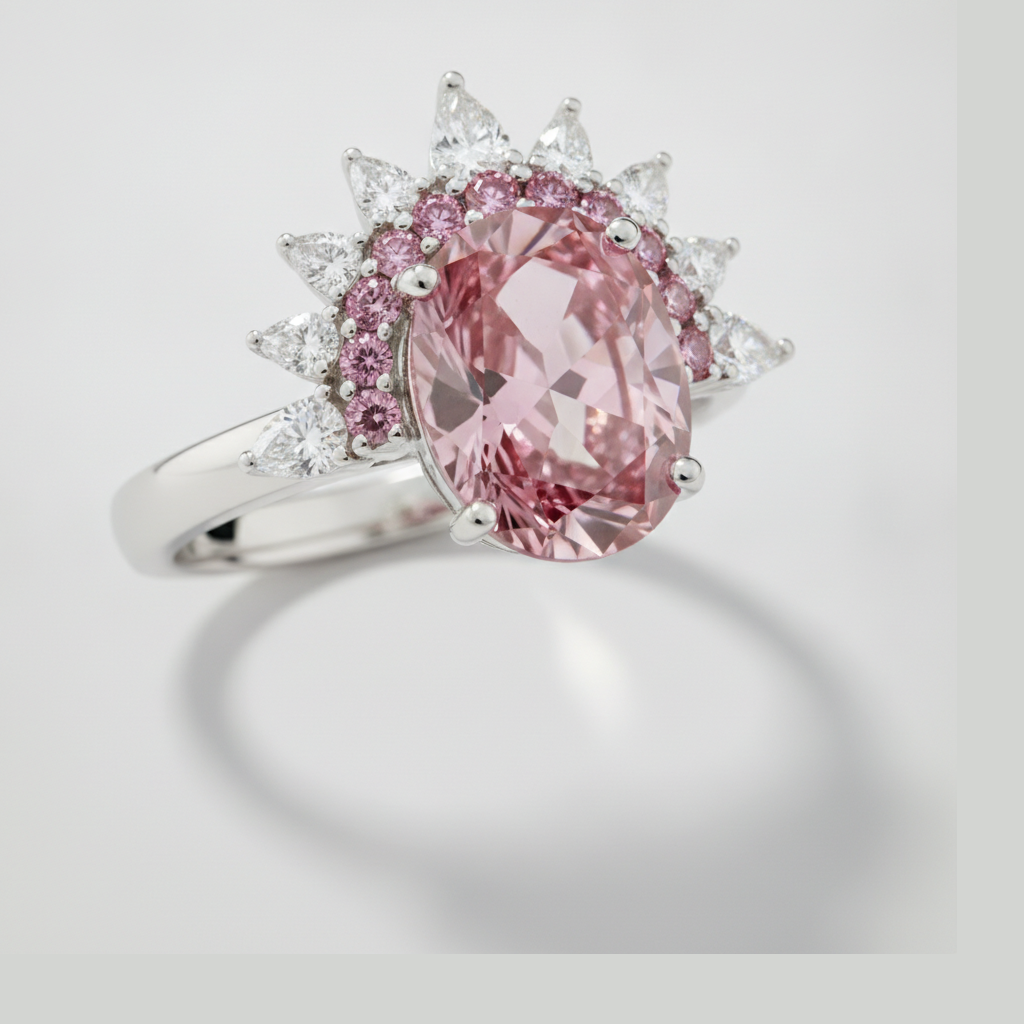Verlobungsring aus Platin mit rosa Edelstein, echtem ovalem Farbdiamanten und Halb-Halo