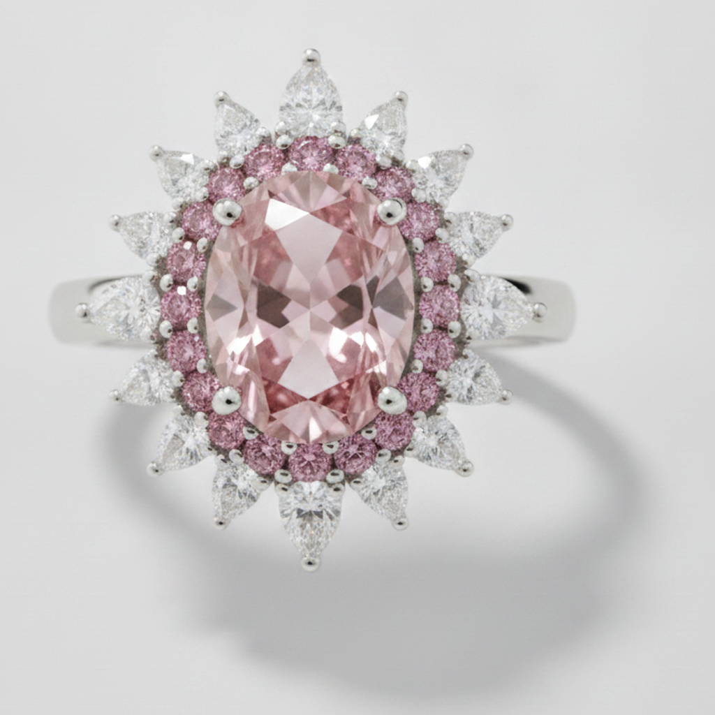 Verlobungsring aus Platin mit rosa Edelstein, echtem ovalem Farbdiamanten und Halb-Halo