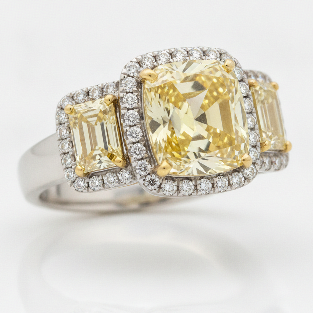 Verlobungsring mit gelbem Edelstein, 2,07 Karat, echter Farbdiamant im Kissenschliff, Trapez-Halo, Drei Steine, Platin