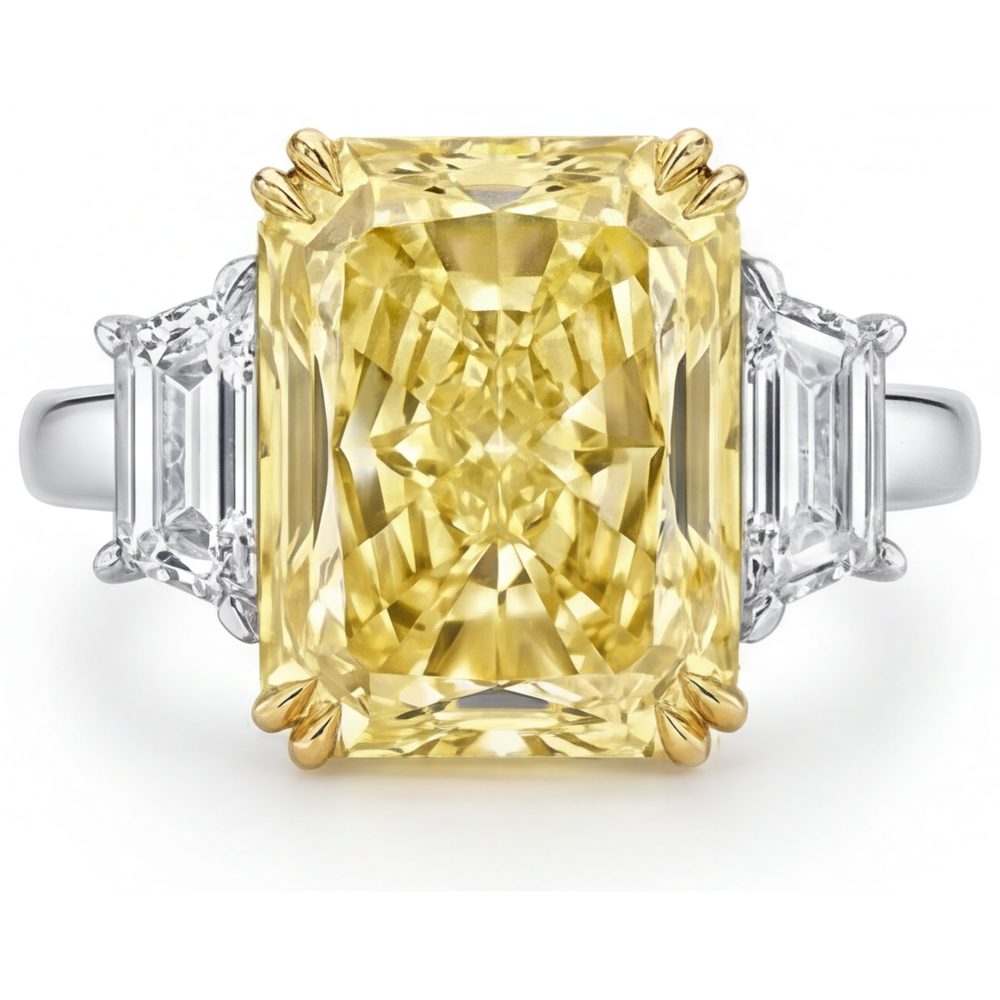 Natürlicher Gelber Kanarienvogel-Diamant Drei-Stein-Ring – Hauptansicht