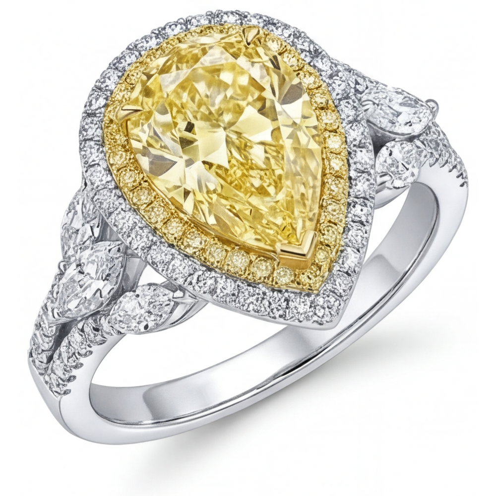 Naturreiner Gelber Kanarienvogel-Diamant Halo-Fassung Ring 2,50 Karat 14 Karat Zweifarbig Gold – Hauptansicht