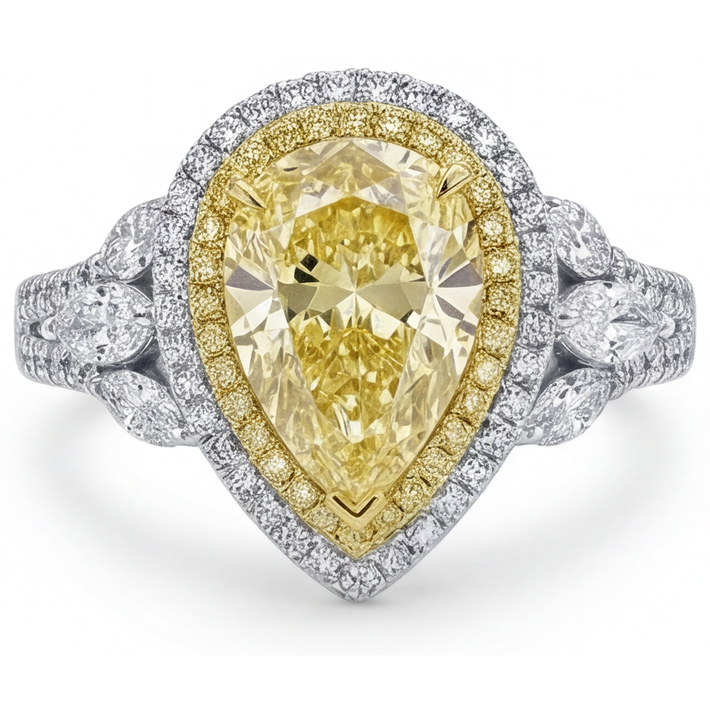 Halo-Fassung Ring 14 Karat Zweifarbig Gold mit Gelber Kanarienvogel-Diamant – Frontansicht