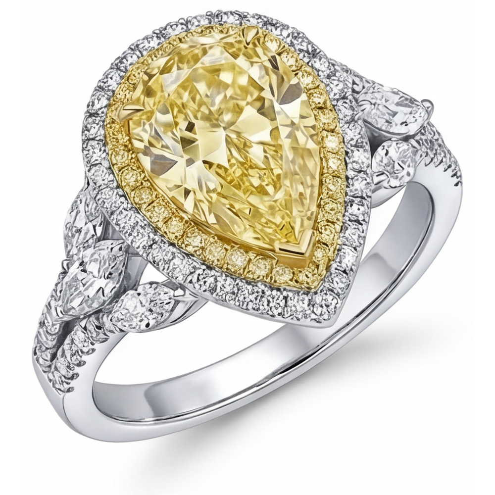 Gelber Kanarienvogel-Diamant Halo-Fassung Ring 2,50-Karat 14 Karat Zweifarbig Gold – Seitenansicht