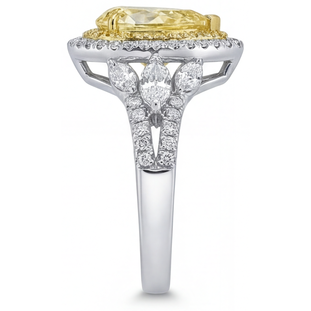 Gelber Kanarienvogel-Diamant Birnen-Schliff Halo-Fassung Ring in 14 Karat Zweifarbig Gold – Draufsicht