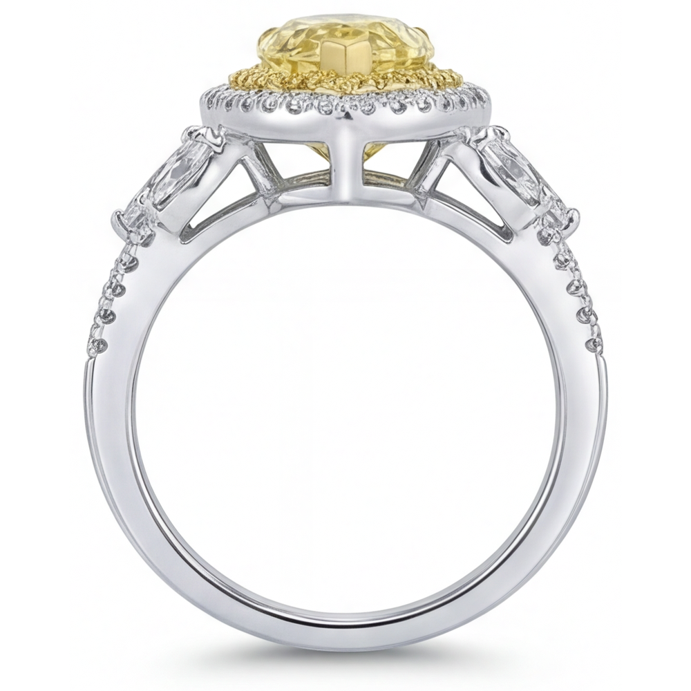 Gelber Kanarienvogel-Diamant Birnen-Schliff Halo-Fassung Ring in 14 Karat Zweifarbig Gold – Detailansicht