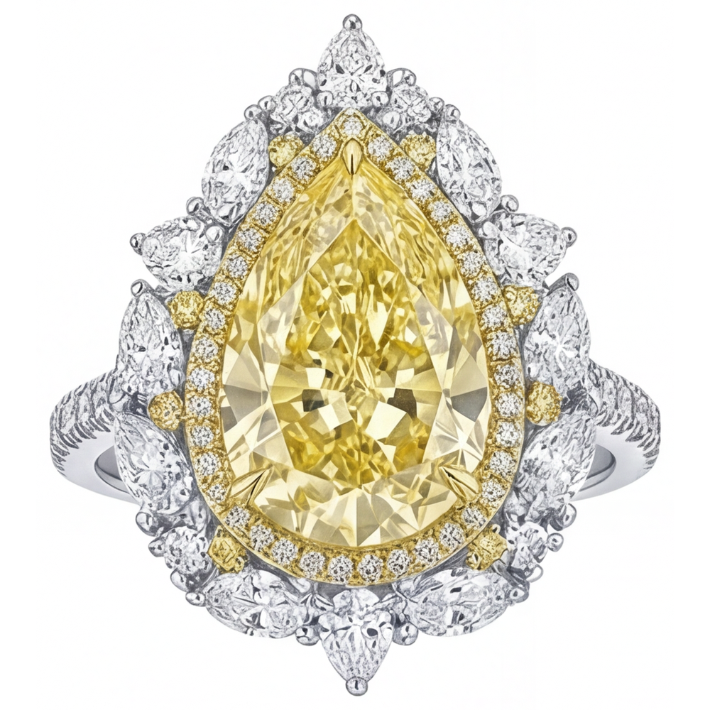 Tropfen-Schliff Gelber Kanarienvogel-Diamant Ring in Bicolor 14K Gold – Frontansicht