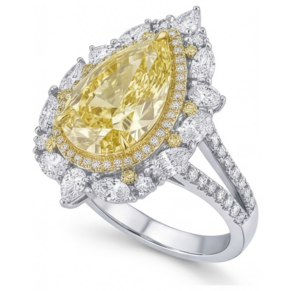 Gelber Kanarienvogel-Diamant Tropfen-Schliff Halo-Fassung Ring in Bicolor 14K Gold – Schrägansicht