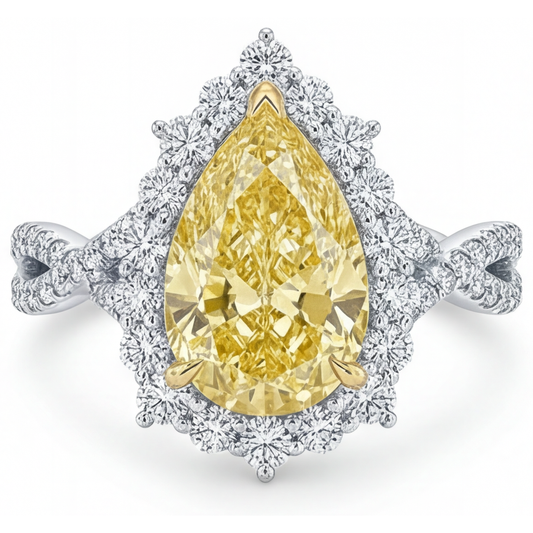 Gelber Kanarienvogel-Diamant Birnen-Schliff Halo-Fassung Ring in 14 Karat Zweifarbig Gold – Hauptansicht