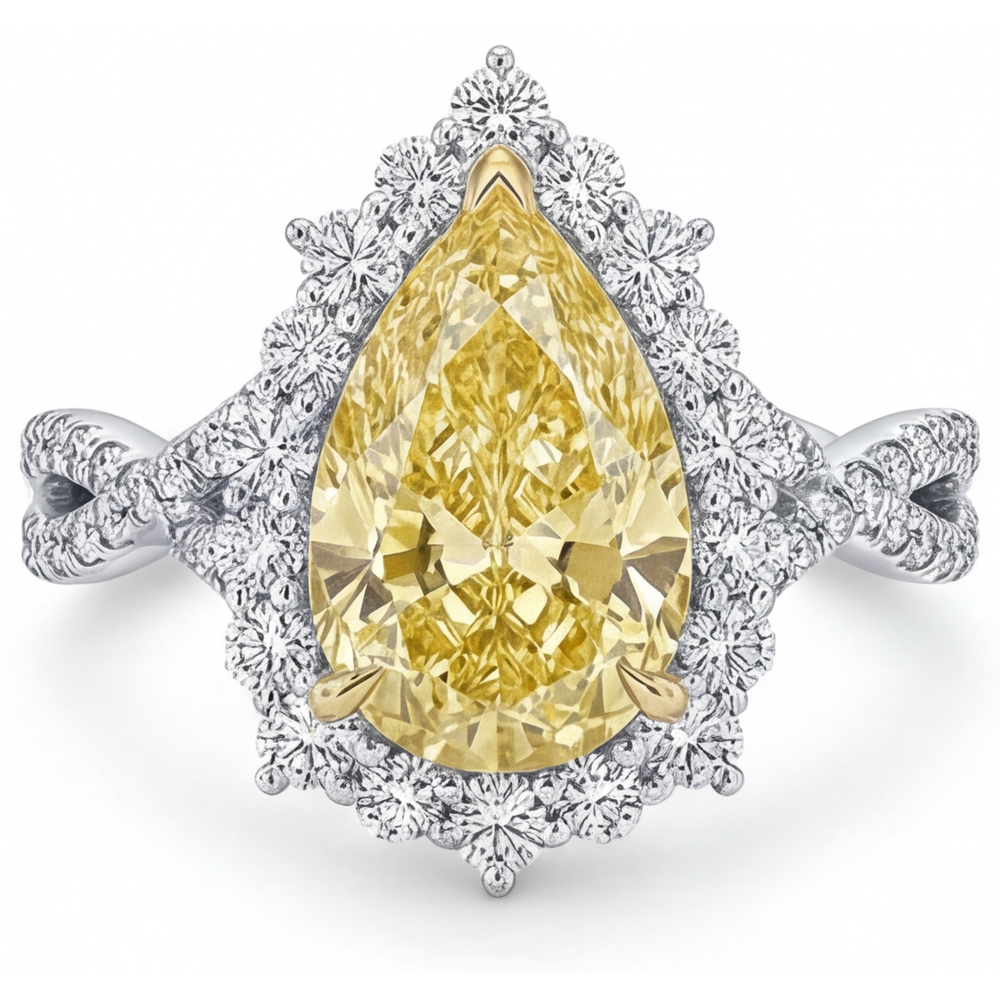 Naturreiner Gelber Kanarienvogel-Diamant Halo-Fassung Ring 3,75 Karat 14 Karat Zweifarbig Gold – Frontansicht