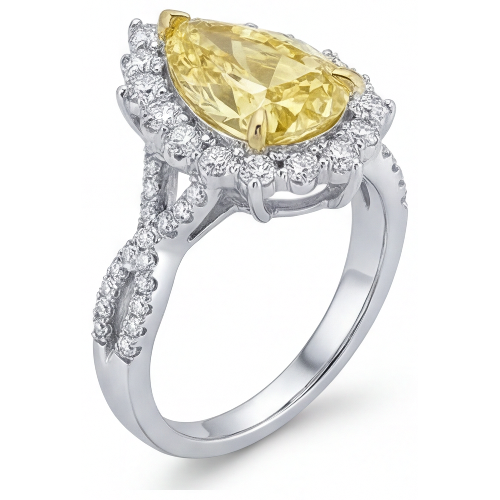 Gelber Kanarienvogel-Diamant Birnen-Schliff Halo-Fassung Ring in 14 Karat Zweifarbig Gold – Schrägansicht
