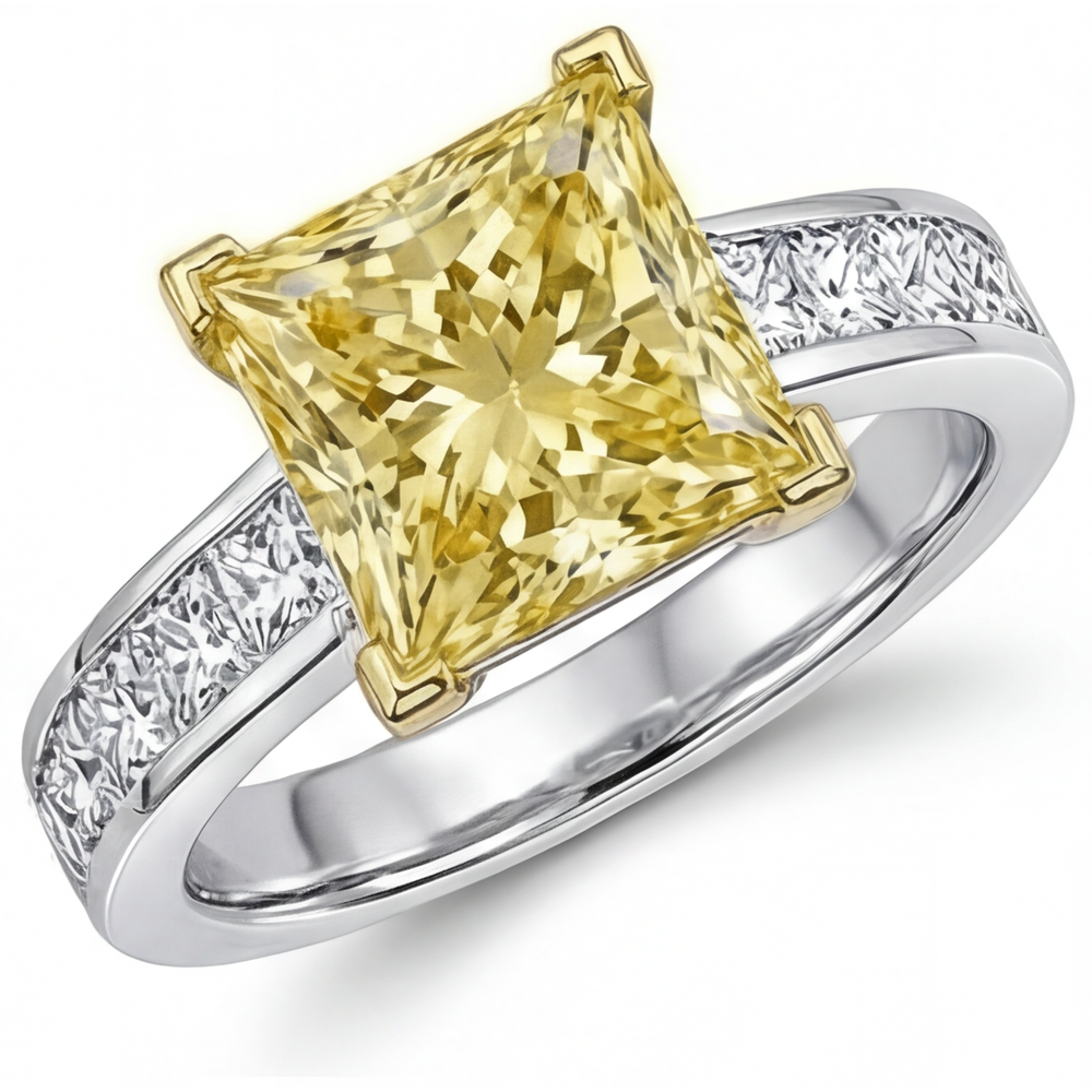 Natürlicher Gelber Kanarienvogel-Diamant Halo-Fassung Ring 3,75 Karat Bicolor 14K Gold – Hauptansicht