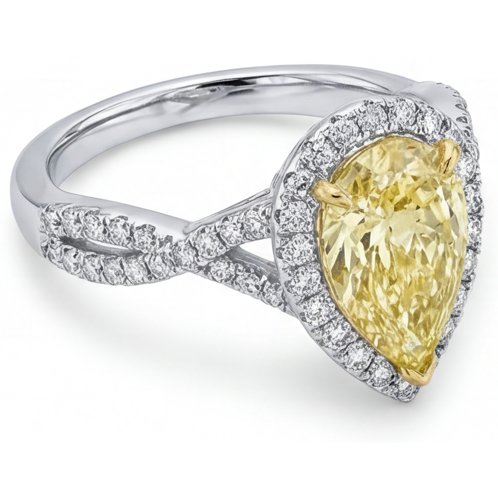 Echter Gelber Kanarienvogel-Diamant Halo-Ring 1,50 Karat 14 Karat Zweifarbig Gold – Profilansicht