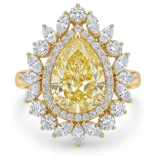 Gelber Kanarienvogel-Diamant Tropfen-Schliff Halo-Ring in 14 Karat Gelbgold – Hauptansicht
