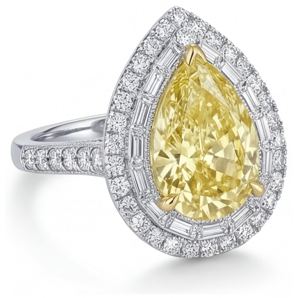 Halo-Ring 14 Karat Zweifarbig Gold mit Gelber Kanarienvogel-Diamant – Schrägansicht