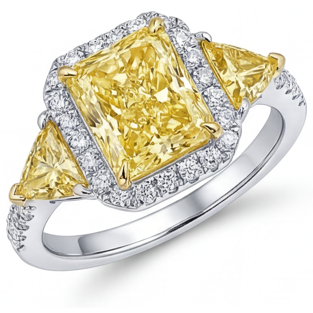Gelber Kanarienvogel-Diamant Halo-Ring 3,5-Karat Zweifarbiges 14K Gold – Hauptansicht