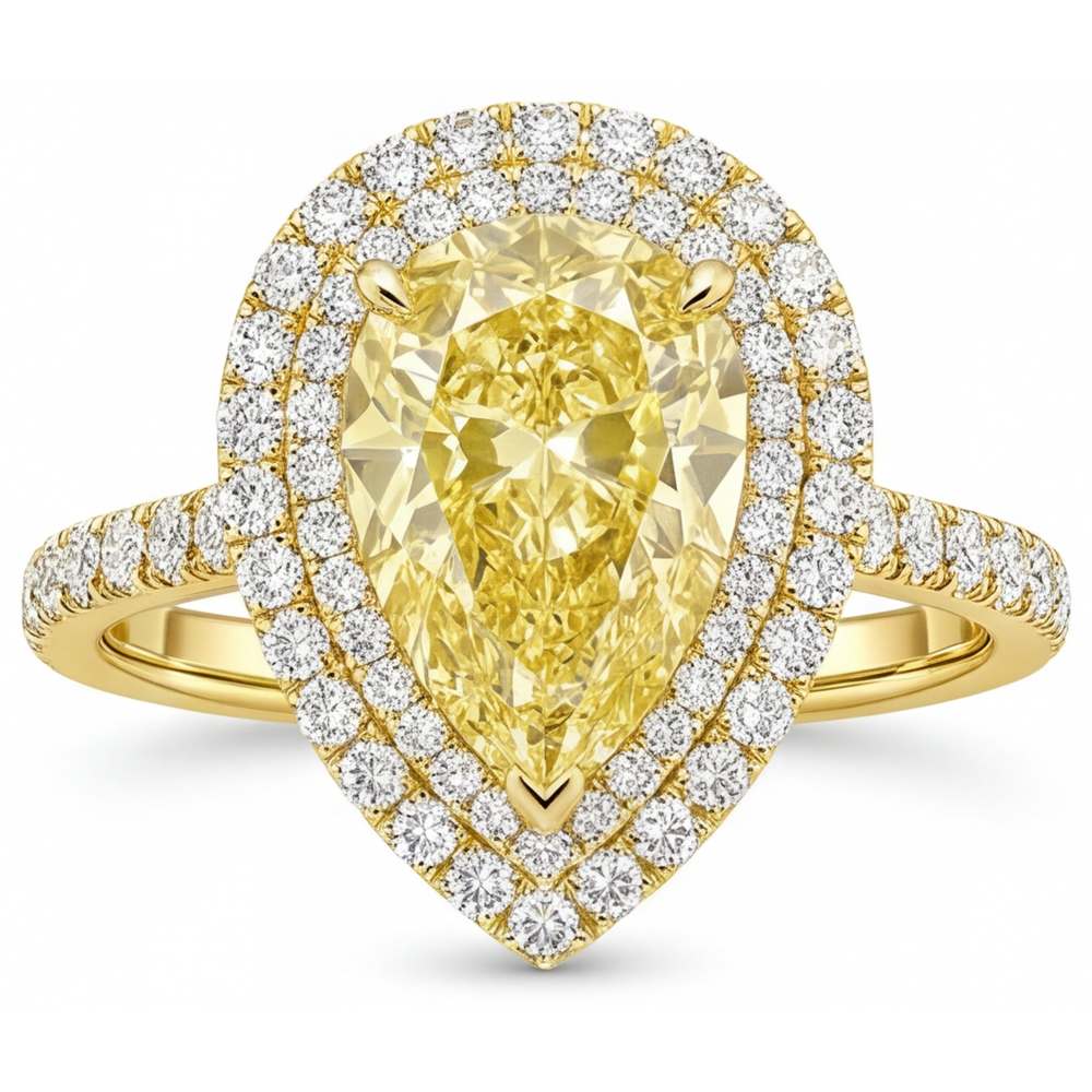 Gelber Kanarienvogel-Diamant Birnen-Schliff Halo-Verlobungsring in 14K Gelbgold – Hauptansicht