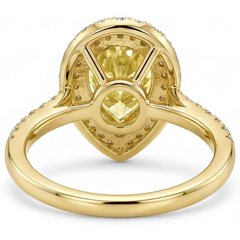 Gelber Kanarienvogel-Diamant Birnen-Schliff Halo-Verlobungsring in 14K Gelbgold – Draufsicht