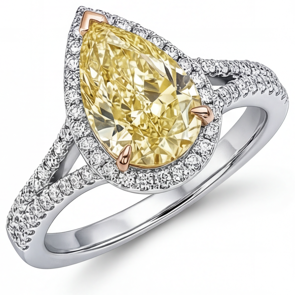 Gelber Kanarienvogel-Diamant Tropfen-Schliff Halo-Verlobungsring in Zweifarbiges 14K Gold – Frontansicht