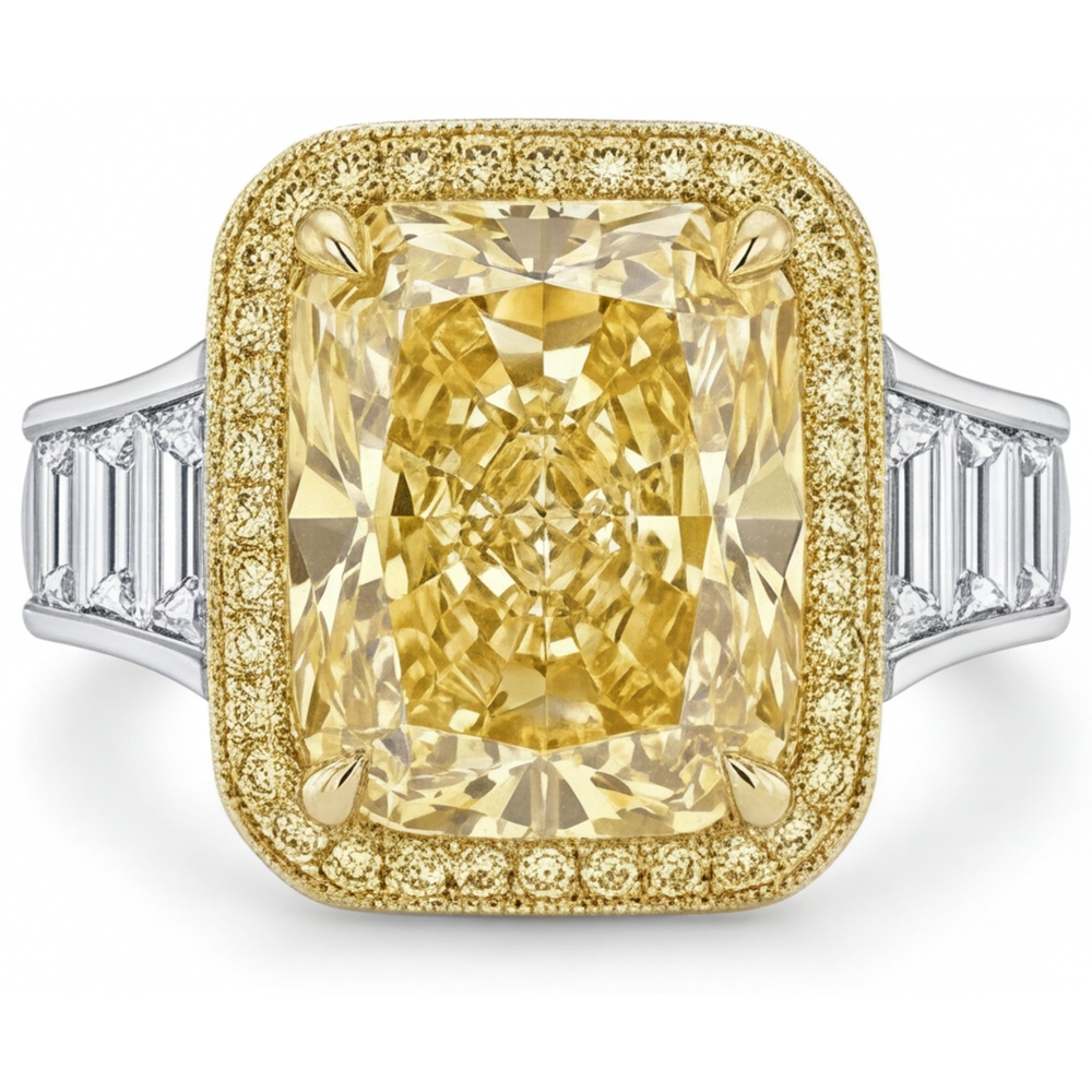 Radiant-Schliff Gelber Kanarienvogel-Diamant Ring in 14 Karat Zweifarbig Gold – Hauptansicht