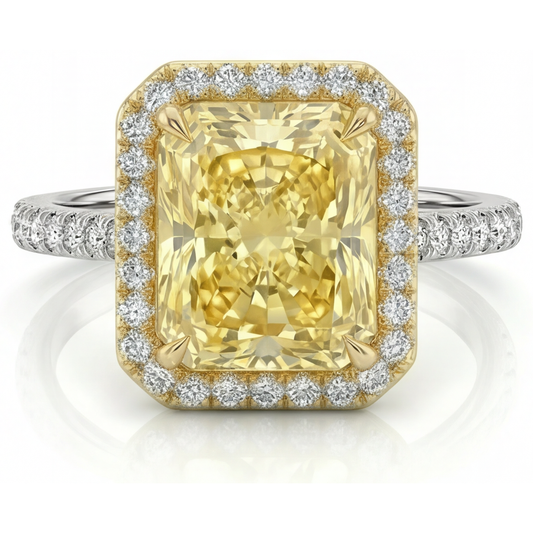 Radiant Gelber Kanarienvogel-Diamant Ring in 14 Karat Zweifarbig Gold – Hauptansicht
