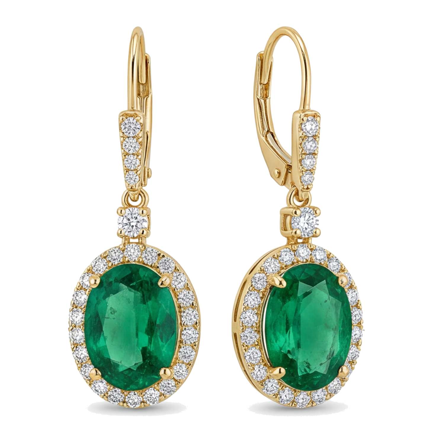 Grüne Smaragd-Ohrringe 3,5 Karat im Labor gezüchtet Oval Halo Brisur 14 Karat Gelbgold
