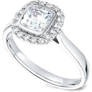 2 ct. Halo Natürliche Diamants Ringkissen & Runder Diamant WG 14K Lünette Set