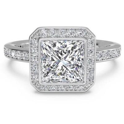 4.01 Ct. Prinzessin & Runden Diamant Halo Ring 14K WG Mit Echt Diamanten