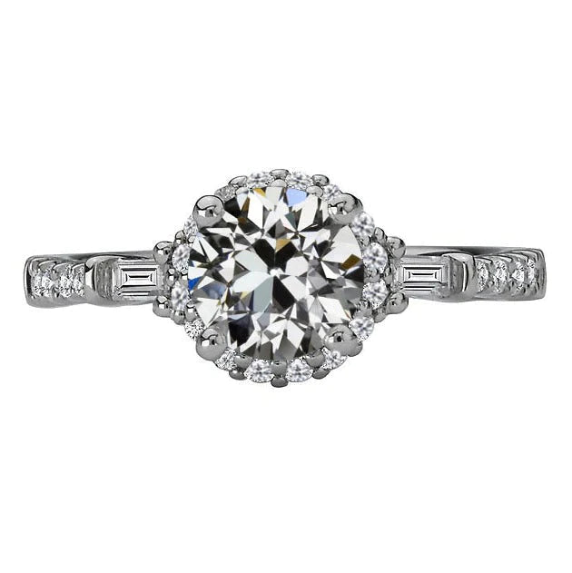 Baguette & Round Natürliche Diamond Halo Ring im Altschliff Gold 4 Karat Schmuck