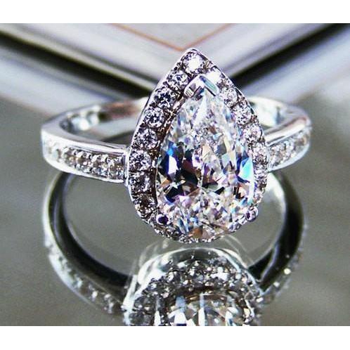Birne Und Rundschliff 2.90 Karat Echte Diamanten Verlobungsring 14K Weißgold