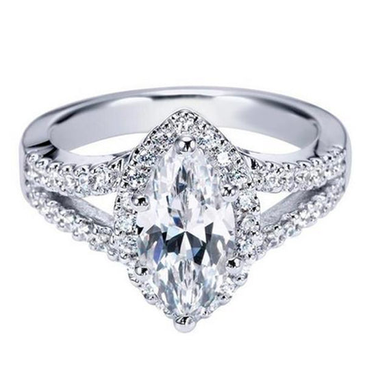 Marquise Und Runder Echt Diamant Lady 2 Karat Halo-Ring Mit Akzenten WG 14K