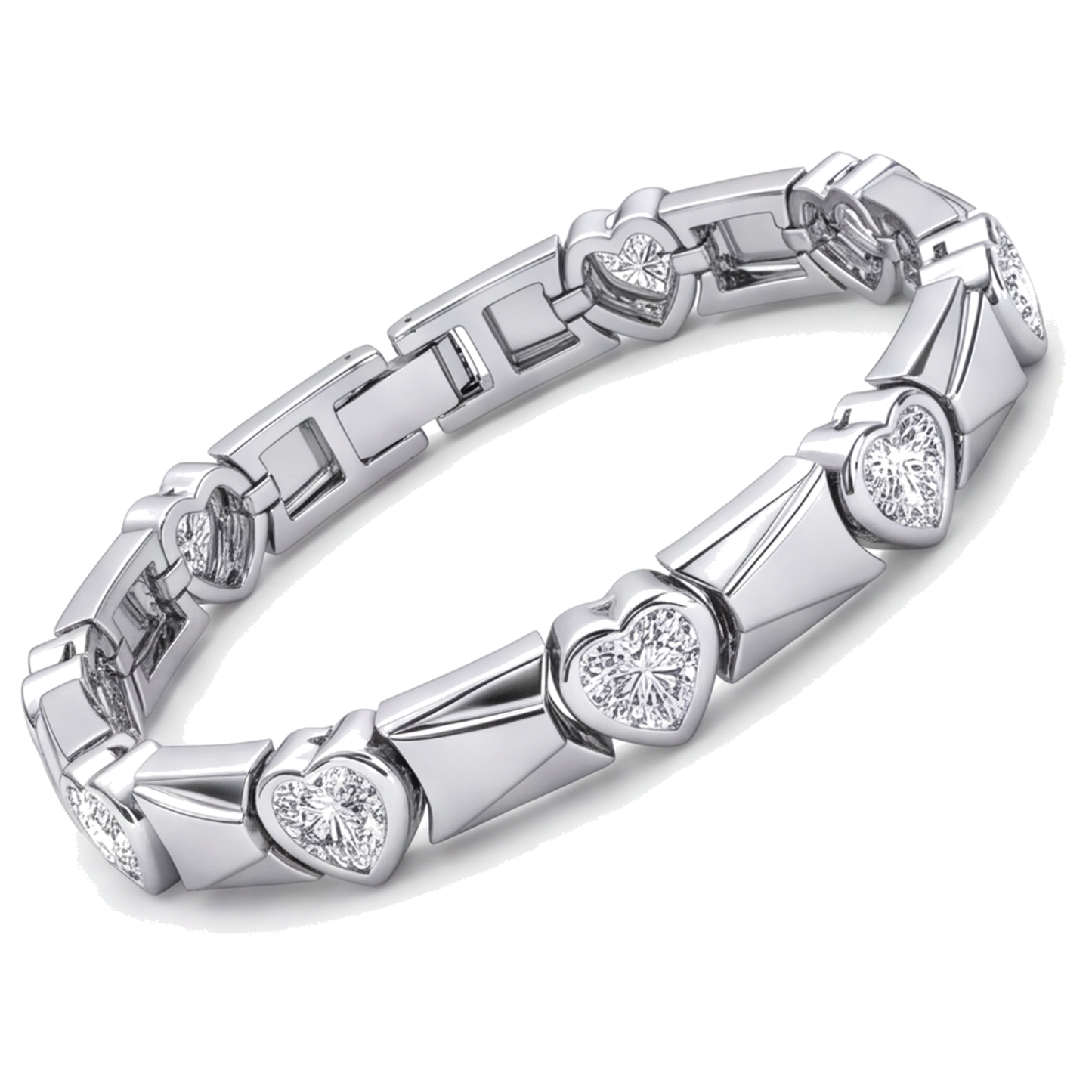 Herz-Diamantarmband 5 Karat, im Labor gezüchtet, geriffelte Stegglieder, 14 Karat Weißgold, 7 Zoll