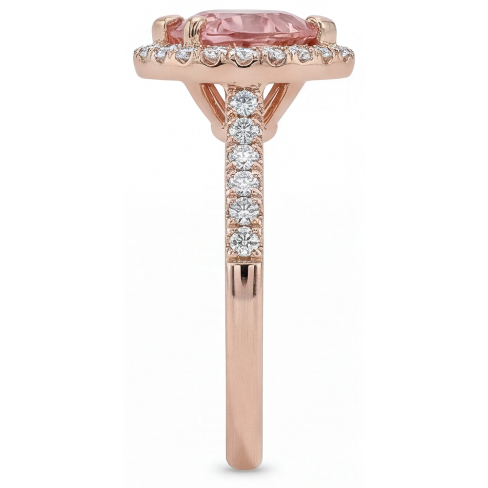 Padparadscha-Saphir-Ring 3,8 Karat, im Labor gezüchtet, Herz-Halo, geteilte Ringschiene, 14 Karat Roségold